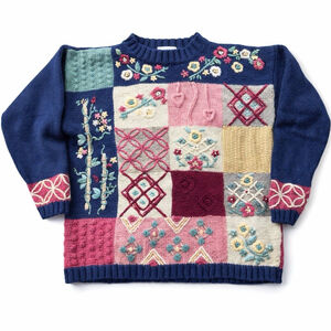 Ninon de Lenclos Sweater Womens L Ramie Cotton Floral Patchwork Embroidered